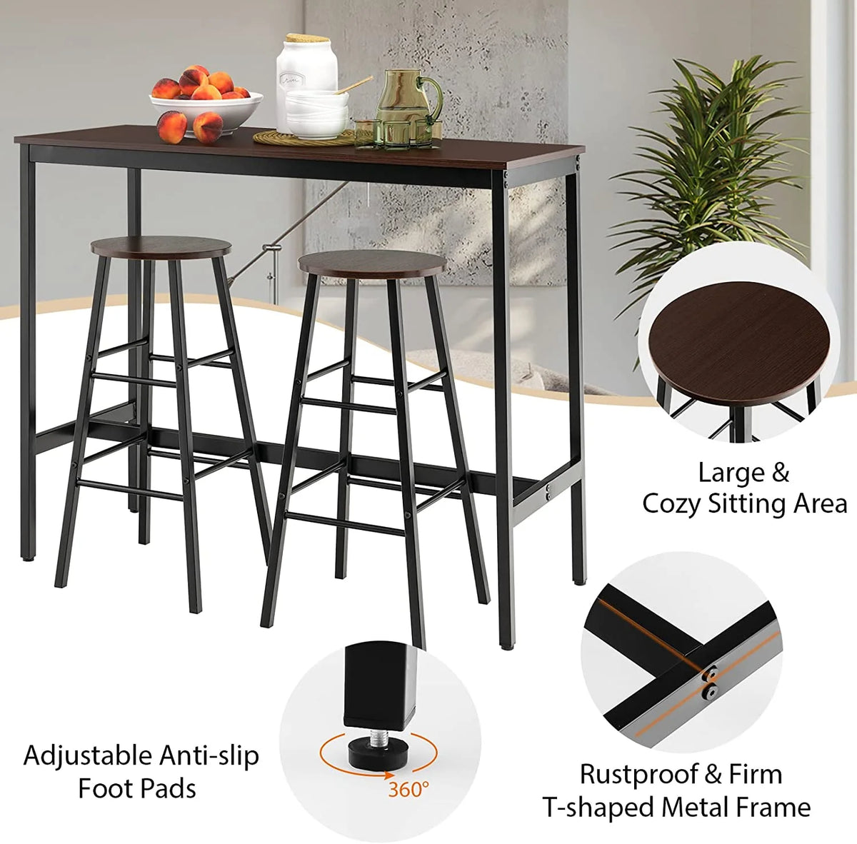 3-Piece Counter Height Table Set with 2 Round Stools Black F722474