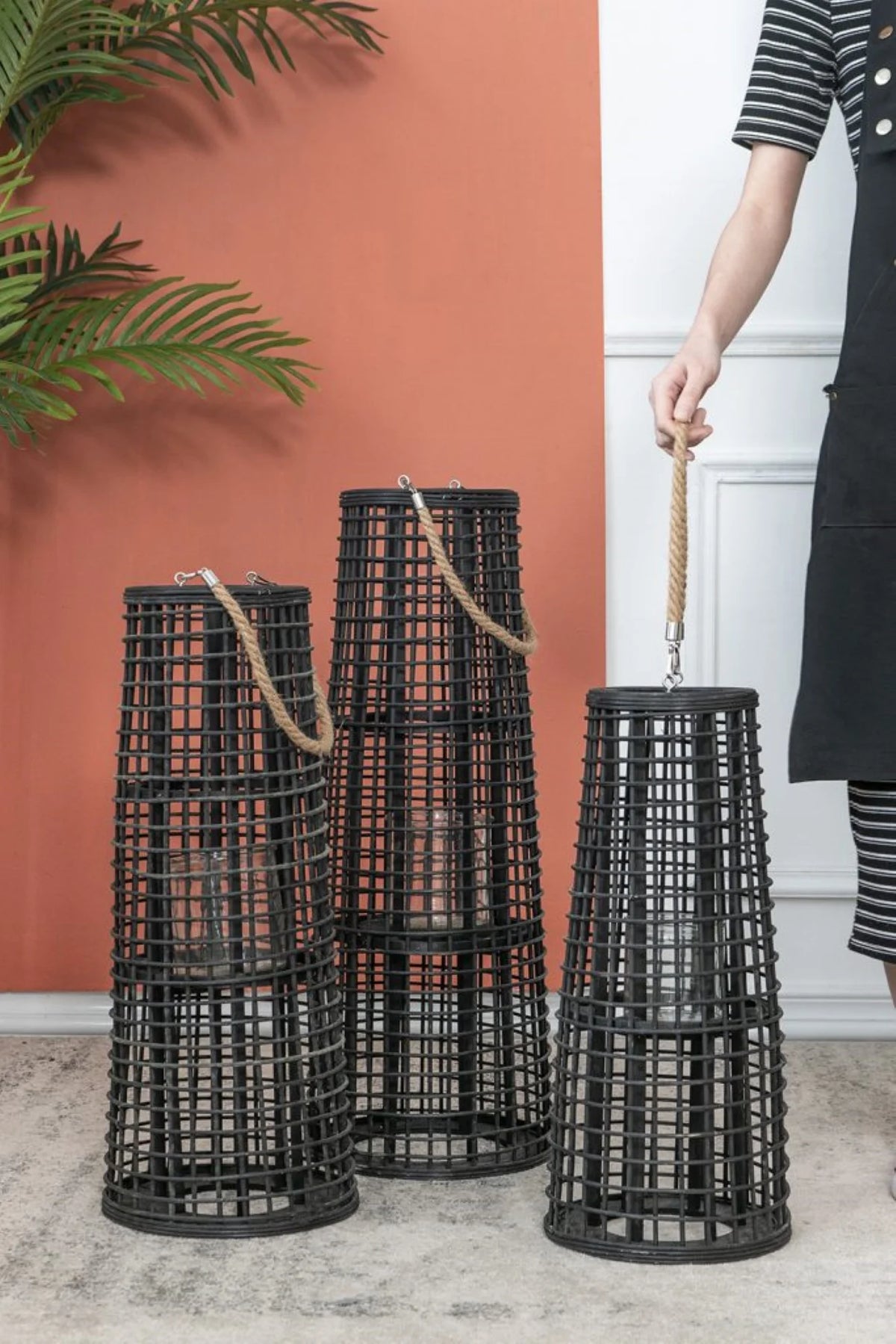 Black Tapered Candle Lantern with Handle O4593
