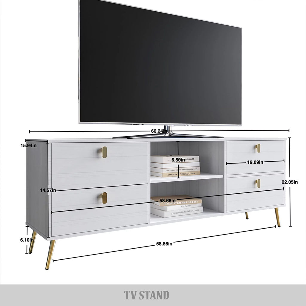 White Wood TV Stand with Gold Metal Legs U802012