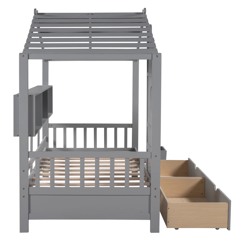 Gray Wood Twin Size Kids House Bed with 2 Drawers and Storage Shelves Z42962