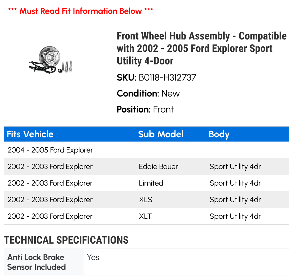 Front Wheel Hub Assembly Compatible with 2002-2005 Ford Explorer Sport Utility 4-Door H208281