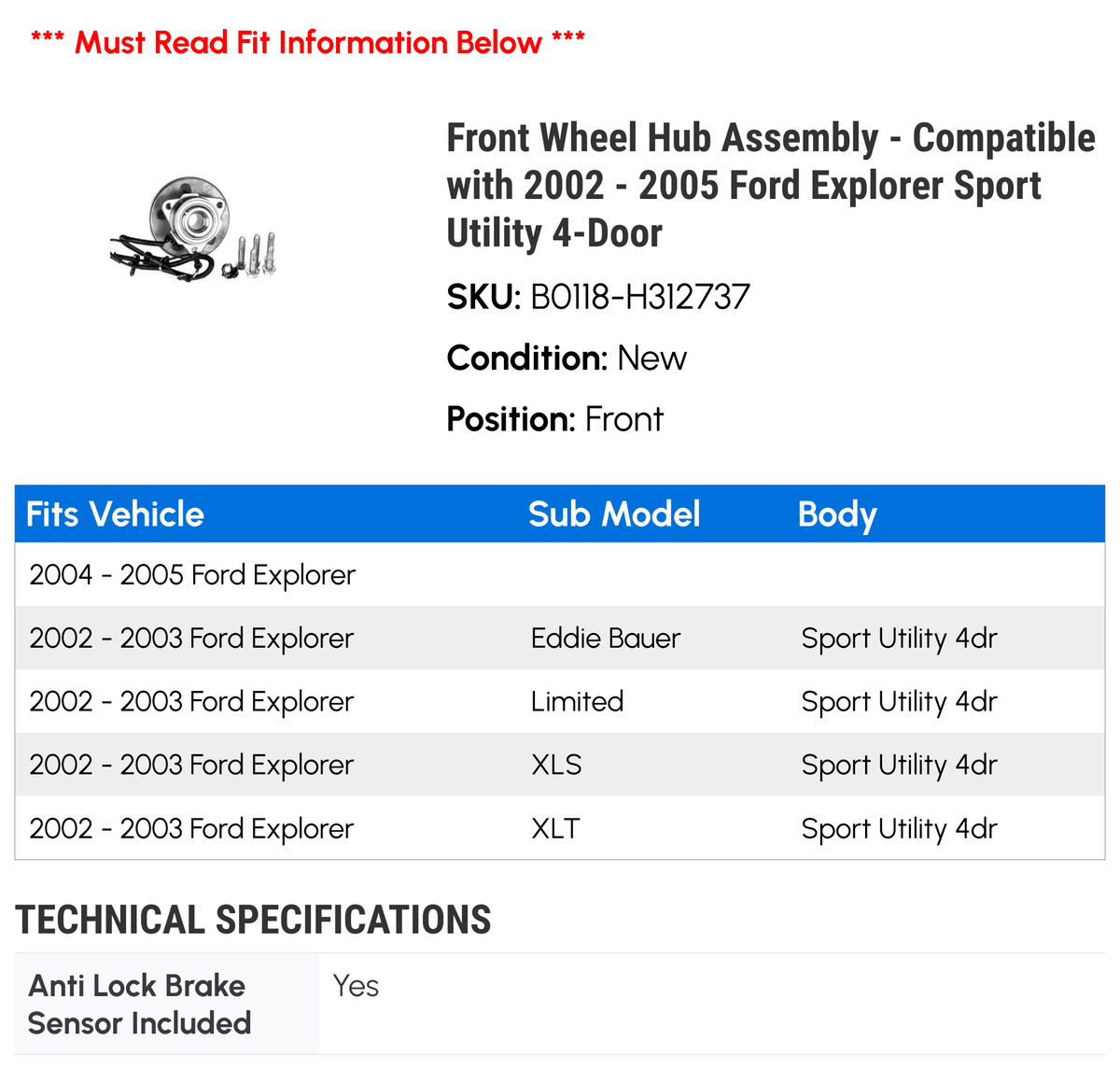 Front Wheel Hub Assembly Compatible with 2002-2005 Ford Explorer Sport Utility 4-Door H208281