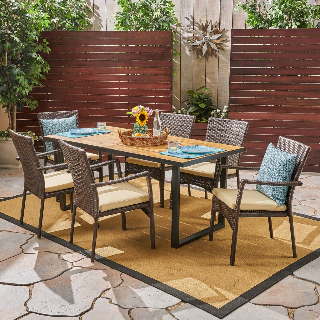 6-Seater Rectangular Acacia Wood and Wicker Dining Set R344