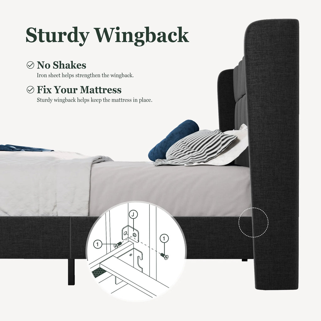 Queen Size Dark Grey Platform Bed with Wingback Headboard U94689