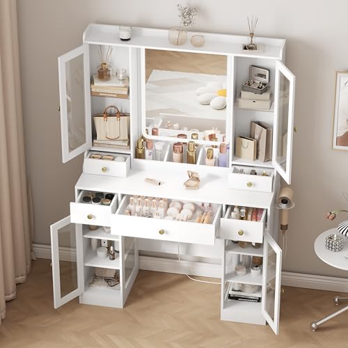 White Vanity Desk with Lighted Mirror and 5 Drawers N1861