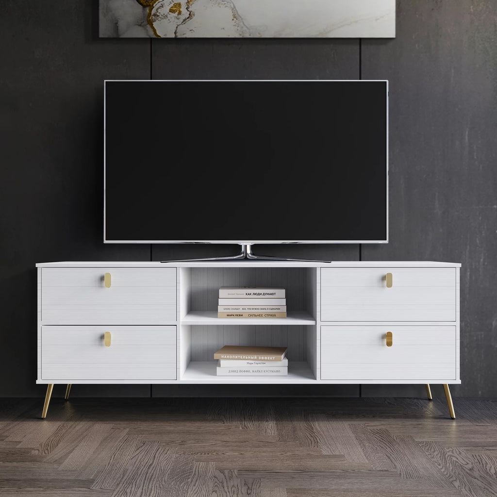 White Wood TV Stand with Gold Metal Legs U802012