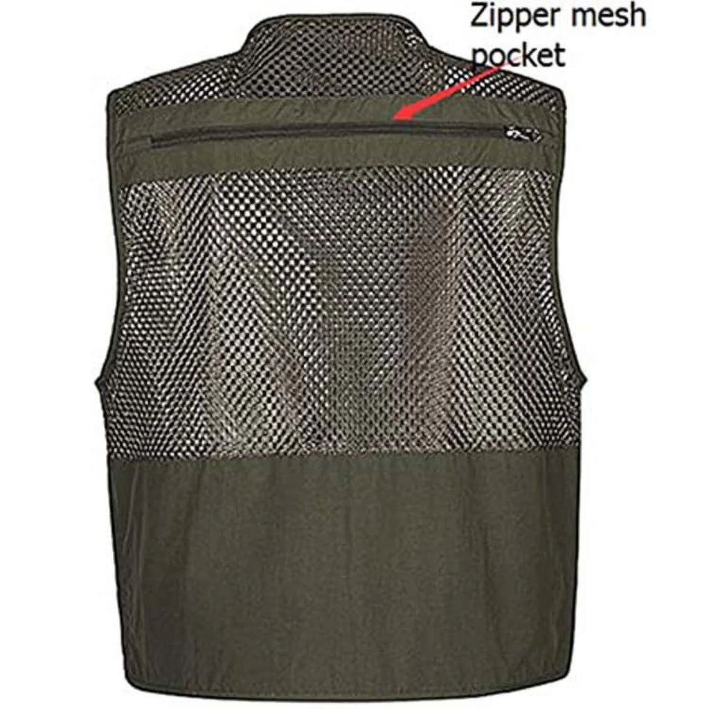 Beige XL Mesh 16 Pockets Fishing Hiking Vest O6368