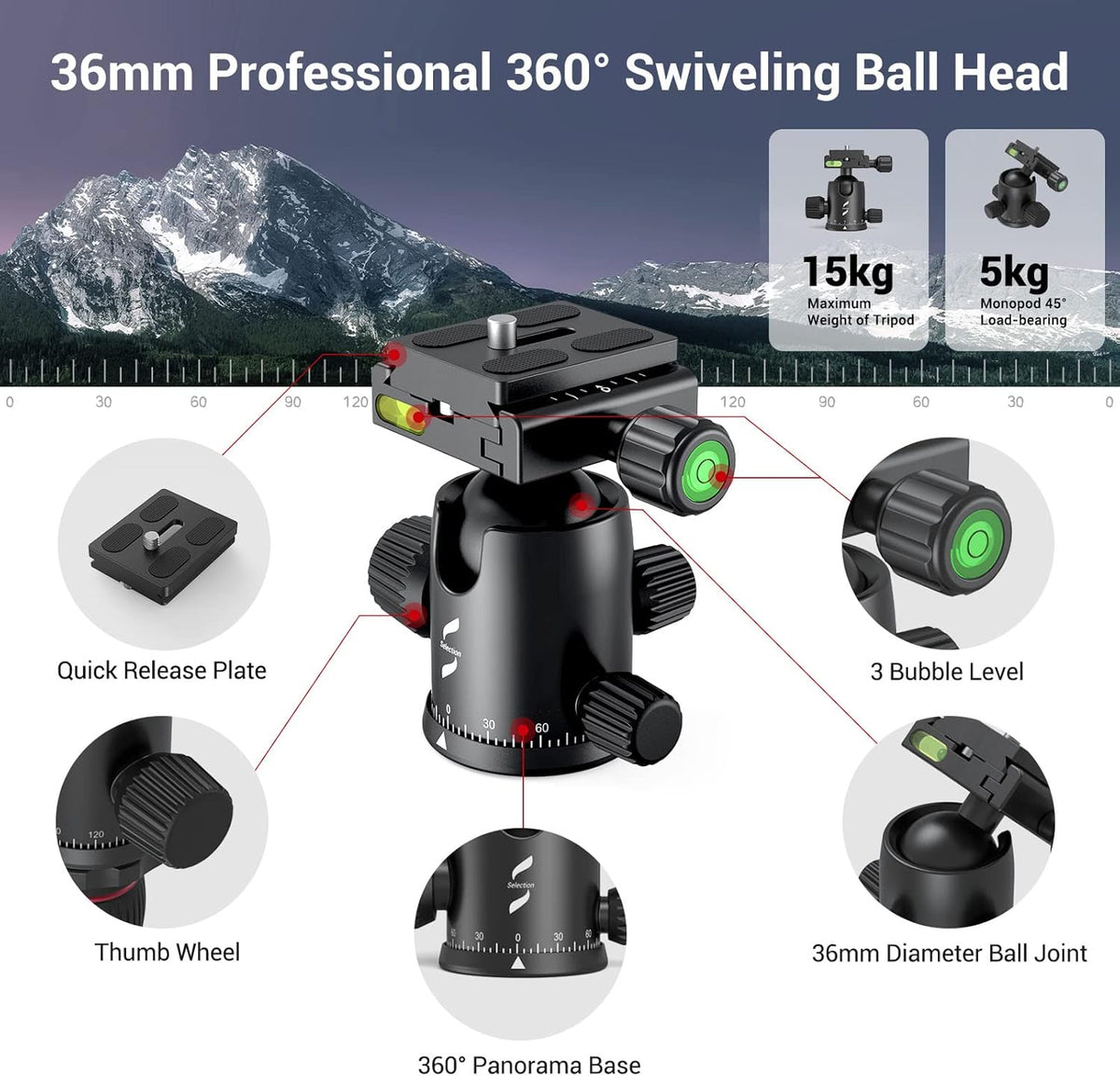 Aluminum Camera Tripod Monopod, Foldable, 360 Degree Ball Head, Quick Release Plate, Max. Payload 33lb, Pack of 2 G938