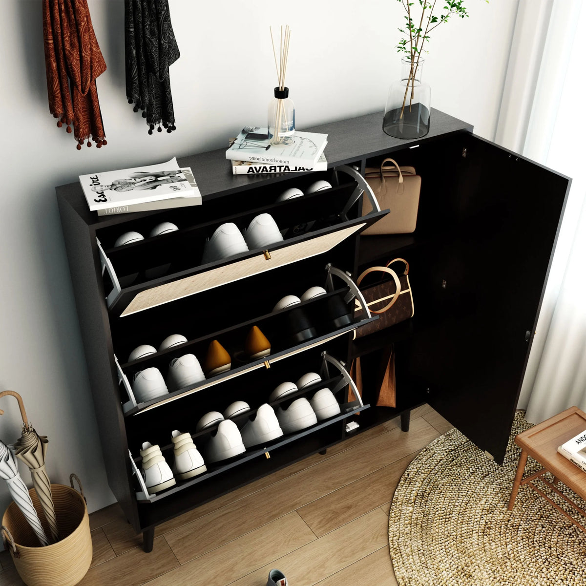 48" Wide Black Wood Shoe Cabinet with 3 Flip Doors M498