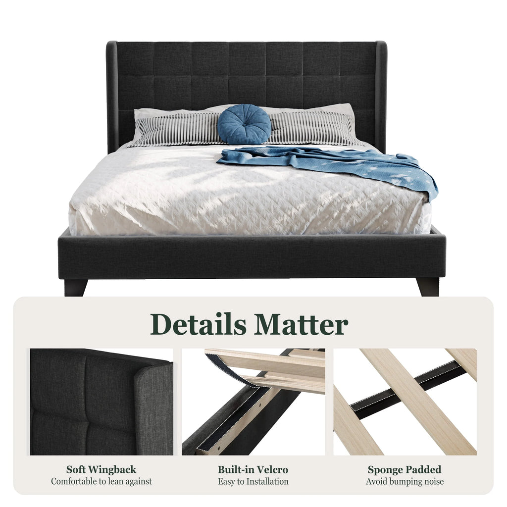 Queen Size Dark Grey Platform Bed with Wingback Headboard U94689