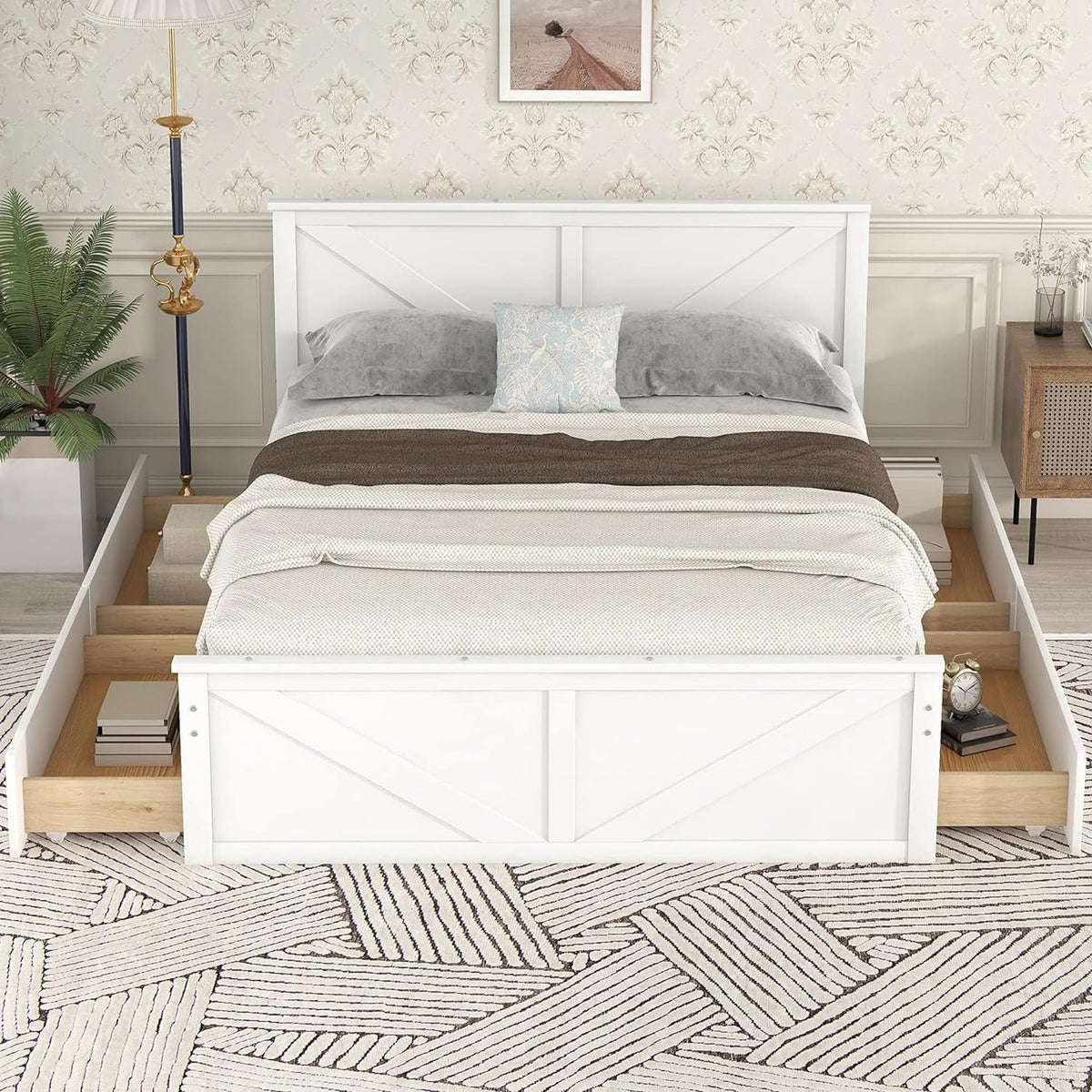 White Queen Size Platform Bed with 4 Drawers J94429