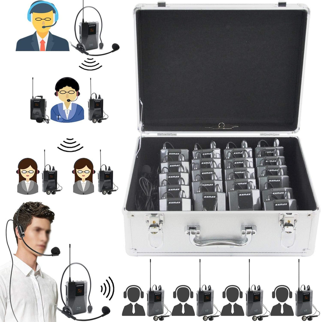 Wireless Headset Microphone Tour Guide System (1 Transmitter 20 Receivers with Silver Aluminum Storage Case) F346440