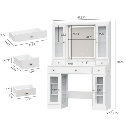 White Vanity Desk with Lighted Mirror and 5 Drawers N1861