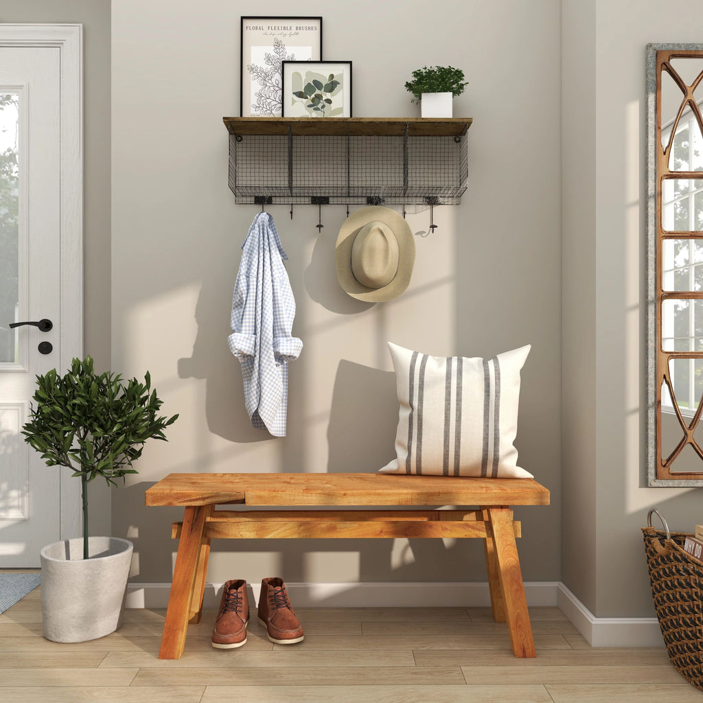 Wood Handmade Distressed Bench with High Trestle Legs X129248