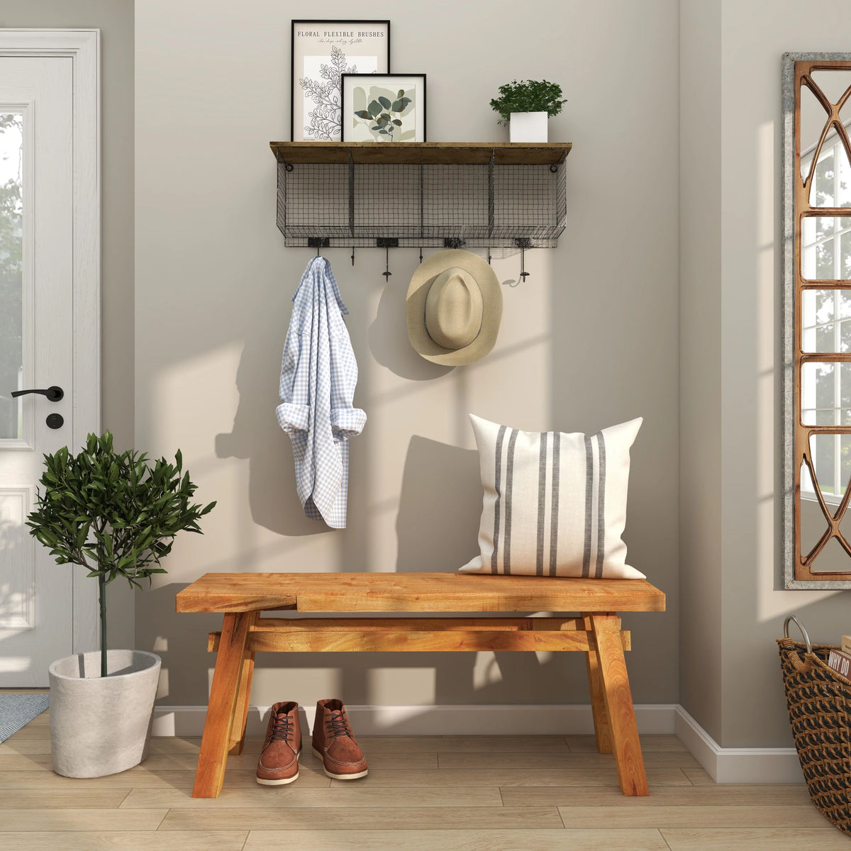 Wood Handmade Distressed Bench with High Trestle Legs X129248