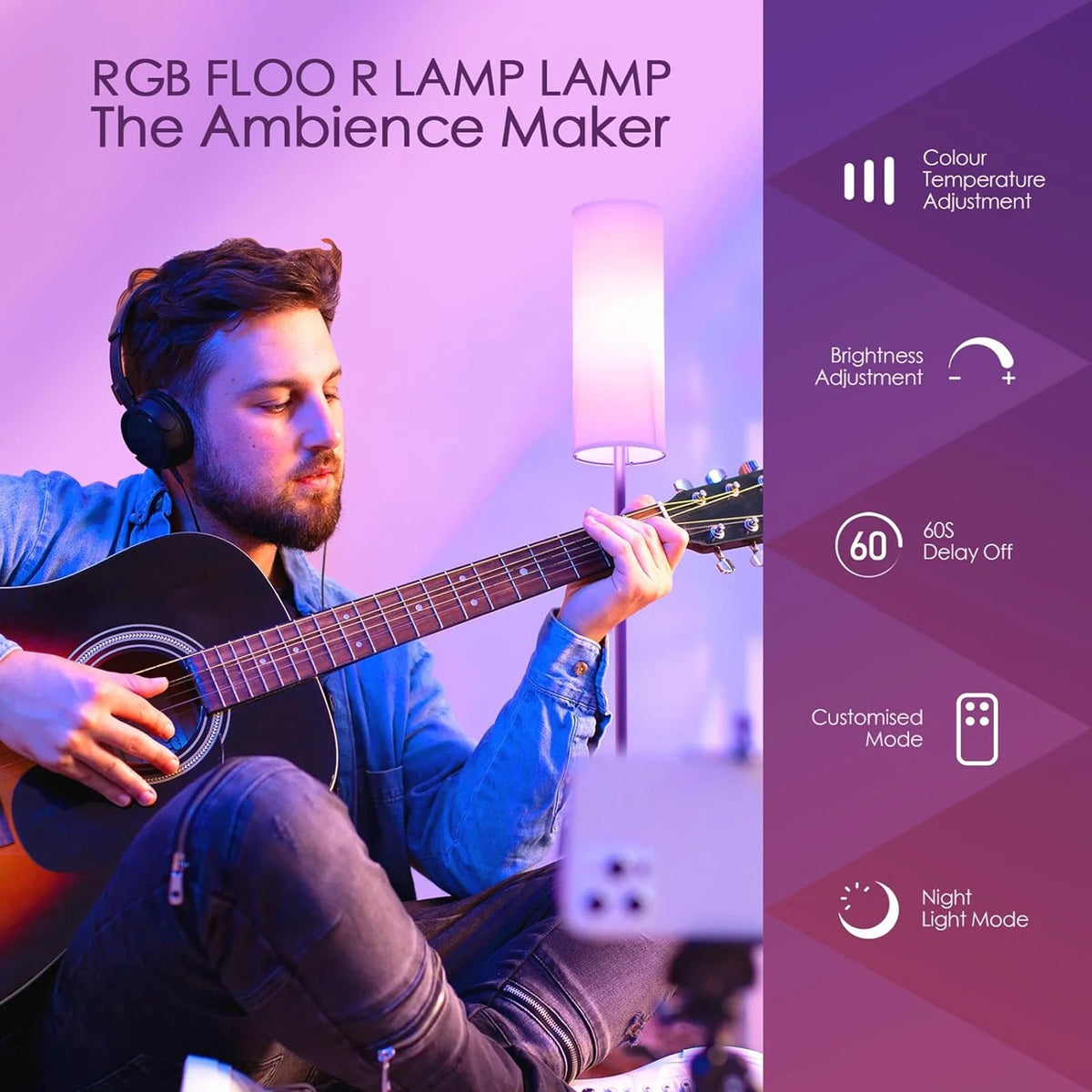 RGB Smart LED Floor Lamp with White Lampshade O892409